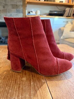 ABLE 8.5 Women's Suede Red Ankle Boots - Classic Block Heel
